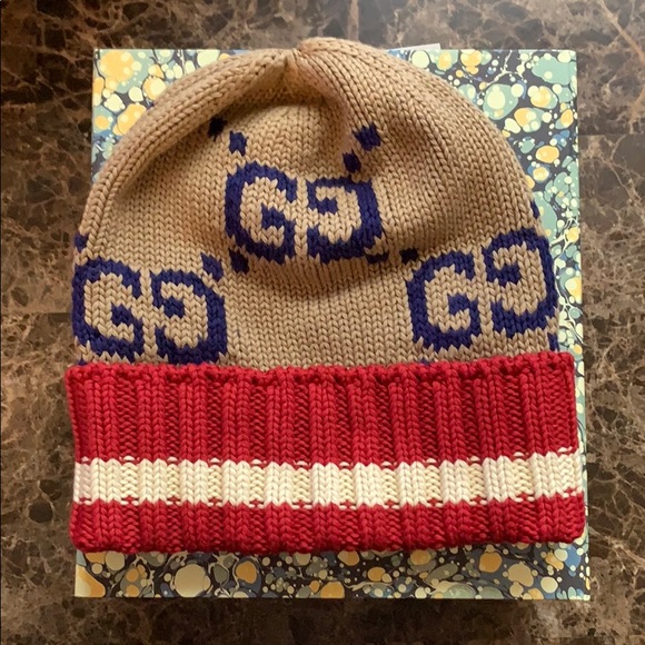 Gucci GG Monogram Dark Beige Red Cotton Beenie - Picture 9 of 12
